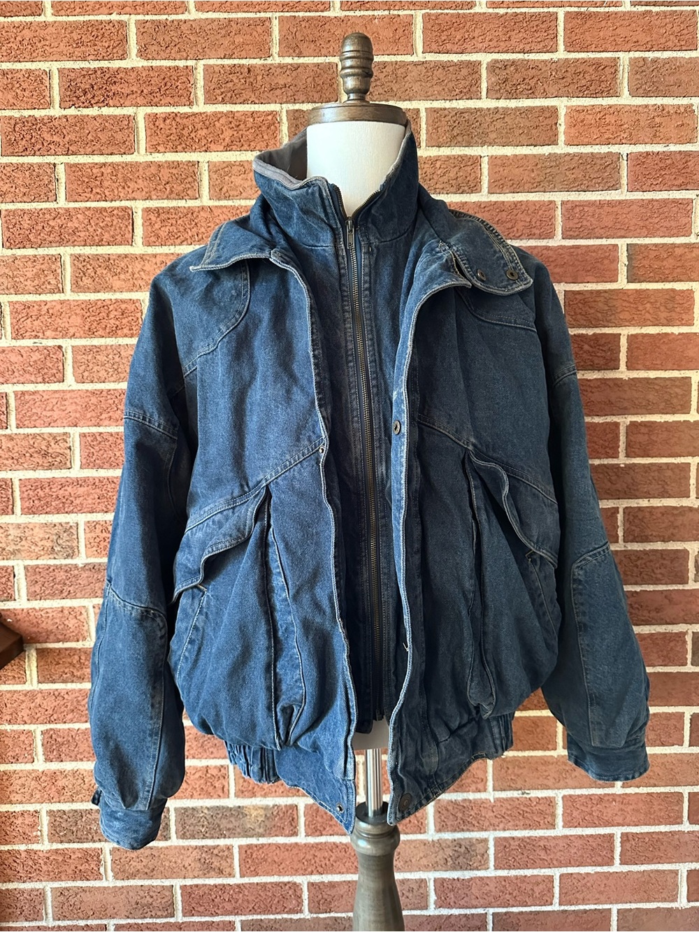 Vintage Canyon River Blues Denim Bomber Jacket Double Zip Quilted Lined, Men’s L